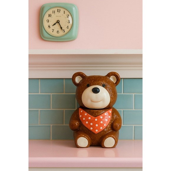 Vintage 1983 Otagiri Ceramic Brown Bear Cookie Jar with Red Polka Dot Bandana - Picture 1 of 16
